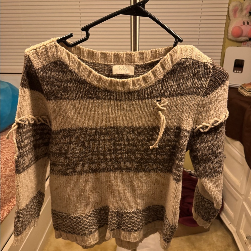 Wrap Wool Cream and Gray Striped Sweater